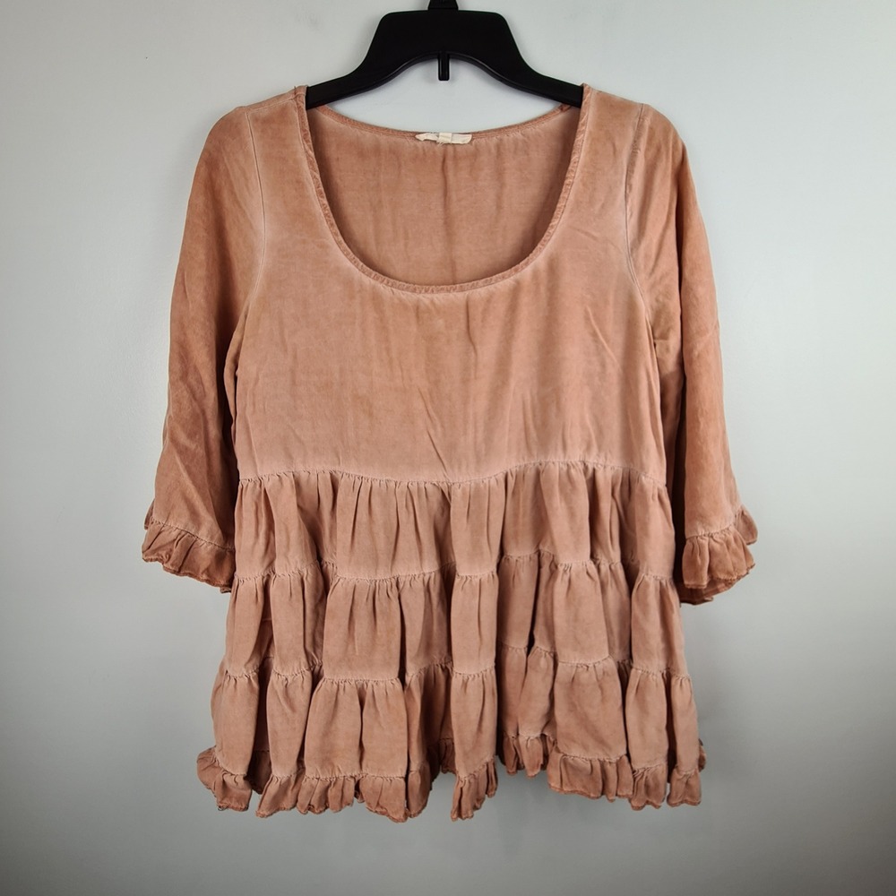 Easel‎ Womens Small Dusty Rose Tiered Ruffle Babydoll Tunic Top 3/4 Bell Sleeve